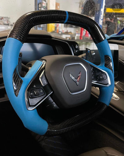 Kustoms Corvette C8 Carbon Fiber Blue Leather Wheel